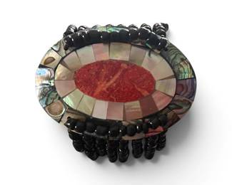 Beaded Abalone, Mother of Pearl & Red Stone Bracelet