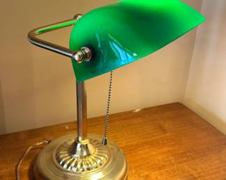Gold Tone Metal w/Green Glass Banker's Lamp