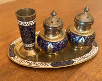 Vintage Mini Brass & Enamel Tray w/S&P Shakers, Toothpick Holder