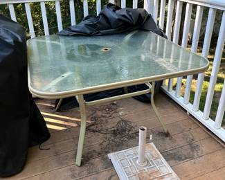 Glass Top Table w/4 Chairs Umbrella, Umbrella Holder & Side Table