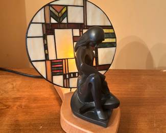 Wood & Slag Glass Woman Sculpture, Lighted, 8"H