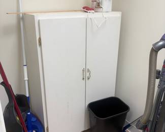 2 door wooden cabinet / Shark vacuum / cleaning supplies/ mops