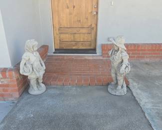 Vintage Concrete Boy and Girl Garden Statues with Basket and Bonnet