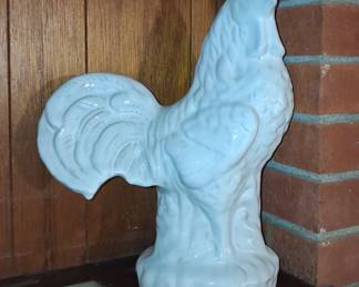 White Glazed Ceramic Rooster Figurine MidCentury Folk Art Style