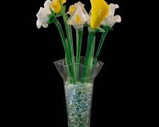 MuranoStyle Glass Calla Lily Bouquet in Fluted Vase with Bust and Stand