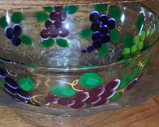 Vintage Romanian Crystal HandPainted Grape Motif Serving Bowl with Gold Trim