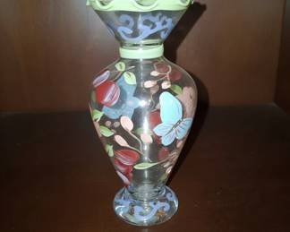 Tracy Porter HandPainted Floral and Butterfly Glass Vase