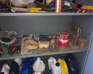 Vintage Industrial Metal Shelving Unit with Assorted Workshop Tools