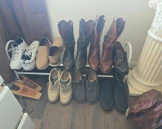 Assorted Mens Footwear Collection with Cowboy Boots, Athletic Sneakers, Loafers, and Casual Slipons