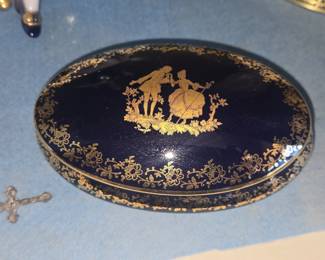 Limoges Cobalt Blue and Gold Courting Couple Oval Trinket Box
