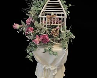 White Wire Birdcage with Faux Florals and Pedestal