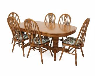 Oak Pedestal Dining Set with Hutch and Windsor Chairs