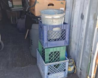 Assorted Plastic Milk Crates and Galvanized Pail