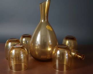 MidCentury Modern Amber Glass Decanter and Tumbler Set Possibly Empoli or Blenko Style