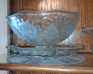 Vintage Clear Glass Punch Bowl Set with Frosted Seashells and RopeTwist Rim