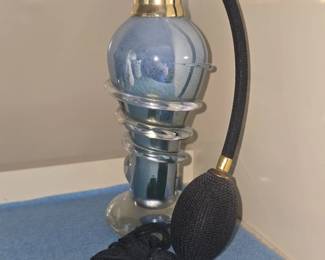 Vintage Blue Iridescent Glass Perfume Atomizer with Spiral Detail