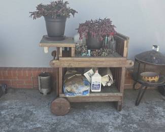 Rustic Wooden Garden Potting Bench Cart with Wheels
