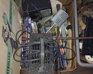 Assorted Vintage Power Tools and Hardware Lot with Pittsburgh Roller Stands and Dremel Sander