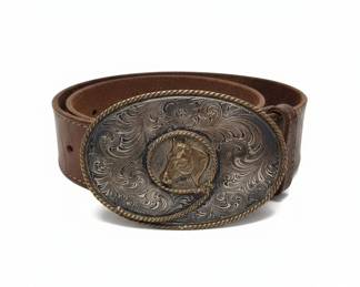 Vintage Western Horse Head Belt Buckle with Tooled Leather Belt