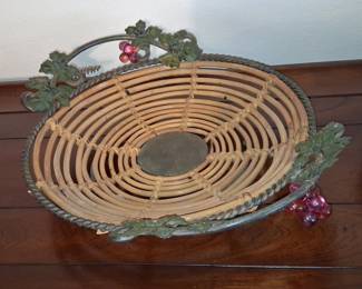 Vintage Rattan and Cast Metal Grape Motif Serving Basket