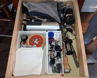 Assorted Kitchen Barware and Utility Drawer Contents with San Francisco ers Collectible