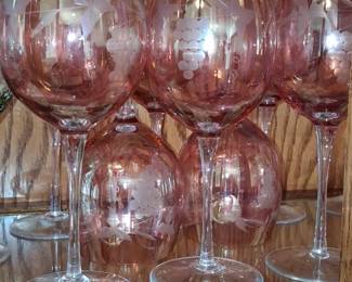 Vintage Cranberry Etched Grapevine Wine Goblets
