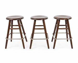 Set of Vintage Oak Bar Stools with Metal Footrest