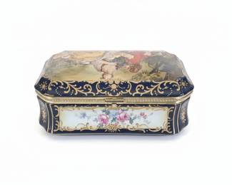 Sevres Style Cobalt Blue Porcelain Hinged Trinket Box