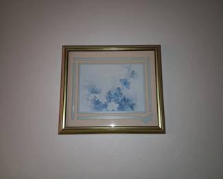 s Vintage Framed Print of Blue Butterflies and Pink Florals