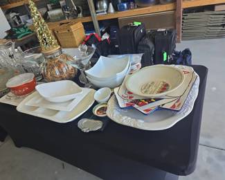 Assorted Kitchenware Lot with Themed Plates and Serving Pieces