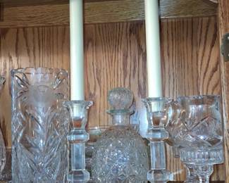 Assorted Vintage Cut Crystal Decorative Glassware, including Avon perfume bottle candlesticks