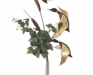 MidCentury Modern Mixed Media Flying Ducks Wall Sculpture with Cattails