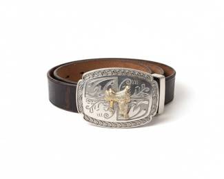 WesternStyle Tooled Leather Belt with Trophy Buckle featuring a Saddle