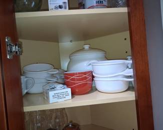 Corelle Livingware Handled Soup Bowls and Red Swirl Bowl