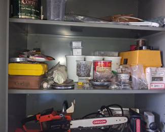 Vintage Chainsaw and Workshop Storage Assortment