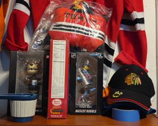 Chicago Blackhawks Tommy Hawk Mascot Bobblehead, Boston Bruins Blades Funkopop NIB, Chicago Cubs Cereal Box 