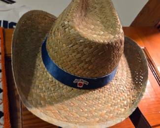 Jim Beam Bourbon Promotional Woven Straw Cowboy Hat, Natural Tan Western Sun Hat with Blue Logo Hatband