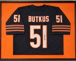 Chicago Bears Dick Butkus #51 Autographed Football Jersey Professionally Framed with Orange Display Background