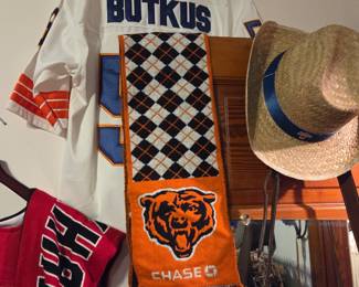 Chicago Bears Dick Butkus #51 NFL Football Jersey, Chase Bank Bears Knit Scarf, Jim Beam Straw Cowboy Hat & Assorted Sports Memorabilia