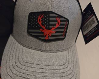 Bucked Up Outdoors Gray & Black Mesh Trucker Baseball Cap with Red Deer Logo, American Flag Patch & Adjustable Fit