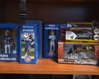 Chicago Cubs Patrick Wisdom & Nick Madrigal MLB Bobbleheads, Toronto Blue Jays Baseball Figurine, Corgi James Bond Aston Martin DB5 Diecast Car & Chicago Blackhawks Orange County Choppers Collectible Motorcycle