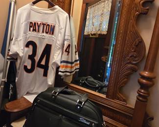Walter Payton Chicago Bears Jerey, Titleist Golf Bag, Ornate Carved Victorian Hall Tree with Mirror and Lion Detail