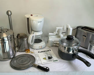 Lot 48: Assorted white and stainless Kitchen Appliances and Cookware
