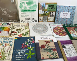 Lot 100: Art supplies collection with coloring books and drawing tools