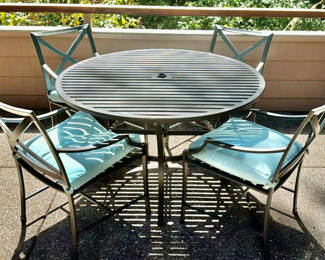 Lot 51: 5-Piece Metal Patio Dining Set with Blue Cushions