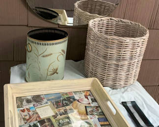 Lot 107: Vintage Metal Wastebasket ,oval Mirror, Basket, Wood Tray