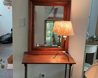 Lot 40: Vintage Small Table, Wood Framed mirror, Lamp