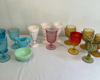 Lot 44: Vintage Colored glassware assortment: goblets, bowls, pitcher and cups