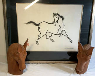 Lot 19: Japanese Horse Woodblock Print Art, Wood Horse Heads