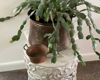 Lot 45: Asian Ceramic Pedestal, Christmas Cactus In Copper Pot